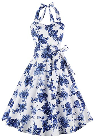 Topdress Women's Vintage Polka Audrey Dress 1950s Halter Retro Cocktail Dress Porcelain M