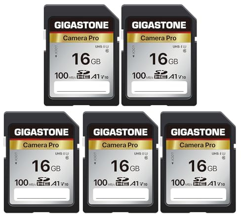 GIGASTONE 16GB SDHC Speicherkarte 5er-Pack, Kamera Pro, bis zu 100 MB/s für Digitalkameras Canon, Full HD Videoaufnahmen UHS-I U1 V10 Klasse 10
