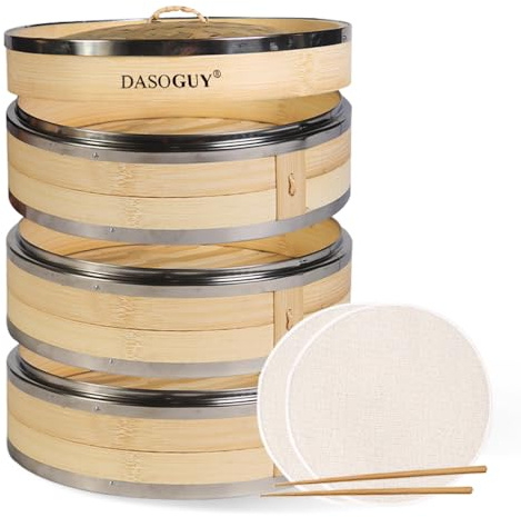 Dasoguy Vaporiera in bambù fatta a mano da 8,2 pollici con Anelli di metallo intero, cestello a vapore a tre livelli per gnocchi di riso dim sum, 1 set di bacchette e 3 fodere in cotone
