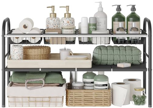 NETEL Estantería extensible para debajo del lavabo, organizador de armario, estante bajo el fregadero para cocina y baño, con 6 paneles y 2 cestas