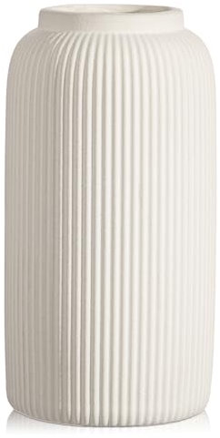 Arborus Ceramic Vase 24 cm Tall Cream Vases for Flowers Ceramic Matt Round Ribbed Flower Vase for Living Room Table Modern Bathroom Bedroom Boho Home Decor