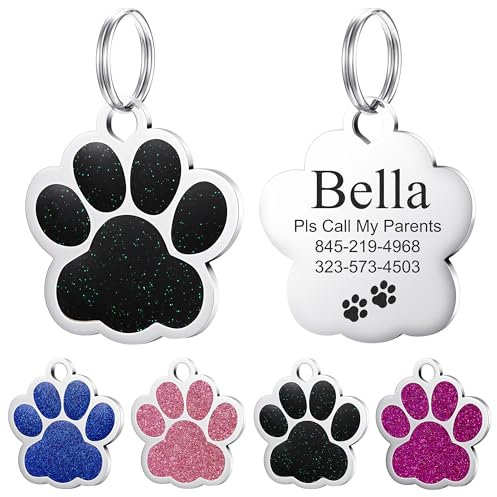 Hundemarke mit Gravur - YEHANTI Personalisierte Anhänger für kleine bis mittelgroße Hunde in Glitzernder Pfotenabdruck- Edelstahl Hundemarke Personalisiert mit Name, Telefonnummer und Adresse(Schwarz)