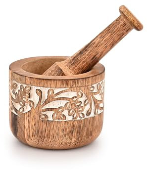 Mahasu Mortier et pilon en bois de manguier naturel, mortier et pilon, ensemble de moulins à mélange, broyeur de pilules, ustensiles de cuisine, cadeau de pendaison de crémaillère