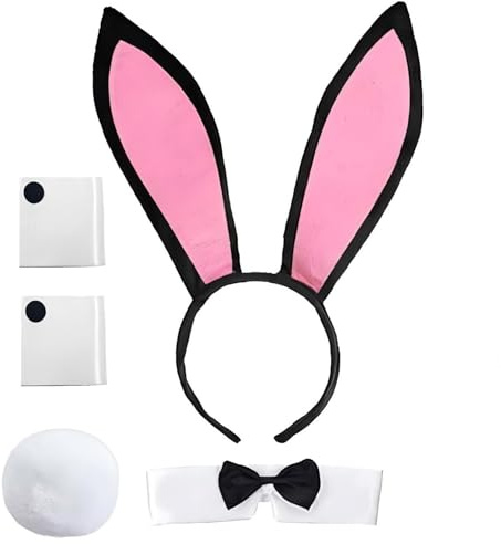 XIEXIESHER Costume De Lapin Set, 5 PièCes Costume De Lapin Pour Femme Avec Oreilles De Lapin Bandeau, NœUd Papillon, Manchettes, Queue, Pour Carnaval, Halloween, Cosplay (Noir Rose)