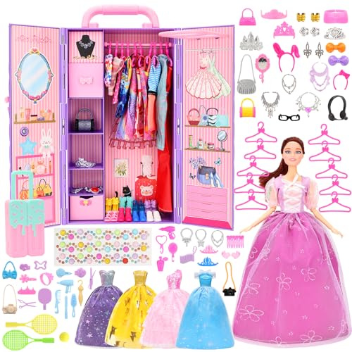 Miunana 109 Pezzi: 11.5 Pollici Bambola + 2 Vestiti Da Sposa + 5 Vestiti Alla Moda + Abito E Pantaloni + Costume Da Bagno + Valigia + 10 PCS Scarpe + 88 Accessori (Include Bambola)