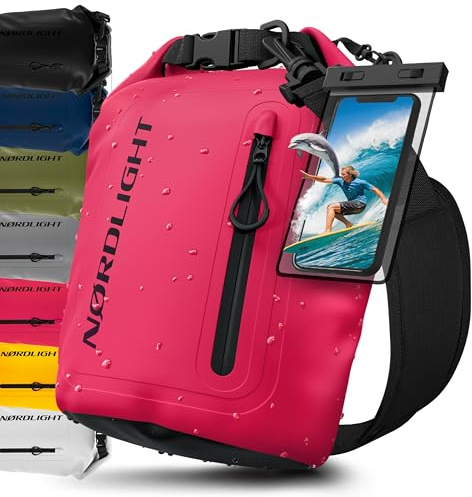 Nordlight Dry Bag Sac Étanche avec Pochette Étanche Téléphone, Fermeture Roll-Top, Bandoulière | Sac à Dos étanche Nautique, Sac Impermeable Etanche | Natation Plage Sup Bateau - Rose (Opaque), 5 L
