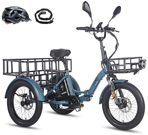 Fafrees F20 MATE Electric Tricycle Bike, 20 * 3.0 Inch Folding Fatbike, 48V/21Ah Battery, Front Basket + Large Rear Rack, Range 85-115KM, Electric Cargo Trike for Adult Senior (Blue)