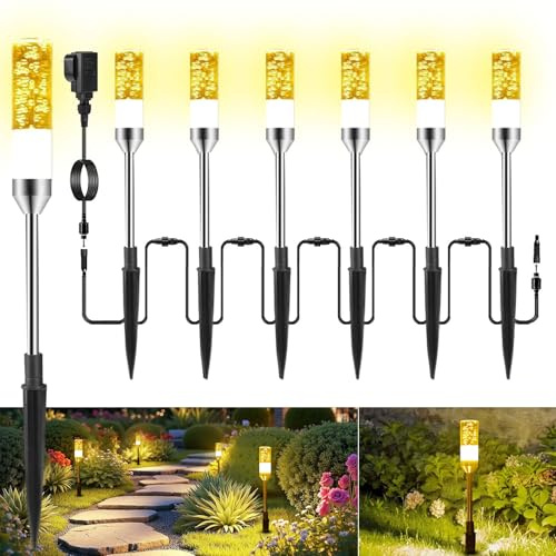 IRISECO Garden Path Lights Mains Powered, 12V Low Voltage LED Garden Spike Lights, IP65 Waterproof Outdoor Plug in Lights, Extendable to 24 Pathway Lighting for Patio Yard, Warm White, 6 Packs
