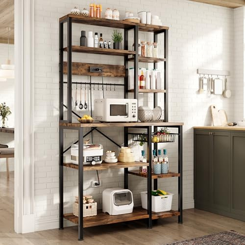 GRUSIGN Kitchen Bakers Rack with Storage, 6-Tier Coffee Bar Station with Power Outlet, Microwave Stand with 12 S-Shaped Hooks, Open Kitchen Storage Shelves for Spices, Pots and Pans, Rustic Brown