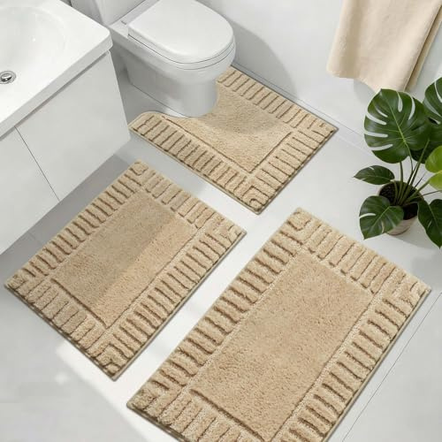 Famibay Alfombra Baño Juego De 3 Piezas Antideslizante Alfombrilla Baño Beige Lavable Absorbe Suave Microfibra Alfombra Baño Inodoro WC