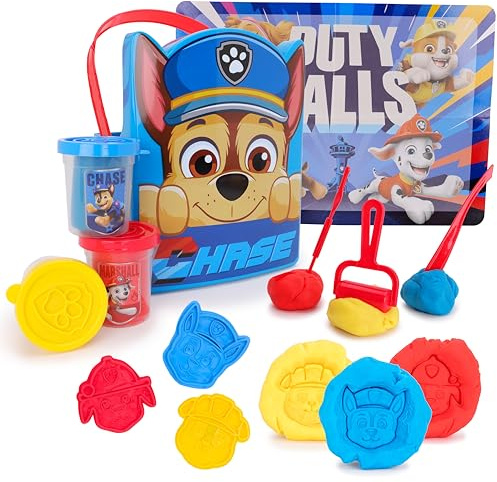 Toyland® Coffret d'activités Chase Paw Patrol 12 pièces - 3 pâtes à modeler, 3 emporte-pièces, 1 rouleau, 3 tampons, 1 écran de jeu lavable et 1 seau - Jouets créatifs