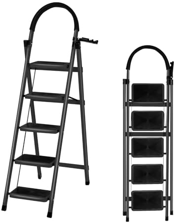 XUANYU Escalera Plegable de 5 Peldaños, Estructura de Acero, Plataformas Antideslizantes y Pasamanos, Escalera de Tijera para Hogar Oficina y Tareas Domésticas (Negro, 5 peldaños)