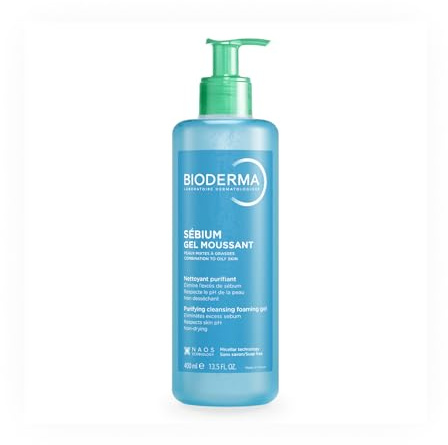 BIODERMA Sebium Gel schiumogeno – Detergente purificante delicato – Rimuove sebo in eccesso e impurità – Pelle mista a grassa – prescritta dai dermatologi – Flacone pompa 400 ml