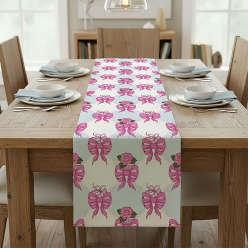 Pink Ribbon Bow Rose Flower Green Leaves Table Runner Plant Table Runner Turner for Dining Springtime Decor Spring Decorations for Home Home Kitchen Dining Holiday Decor 13 × 70 inch