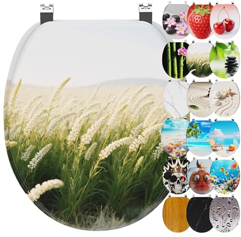 Ribelli WC Sitz mit Absenkautomatik, Toilettendeckel O-Form in Viele Motiven, Klodeckel Einfache Montage, Leicht zu Reinigen, ca. 46 x 37cm (Schilf)