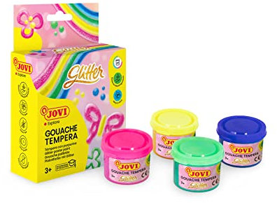Jovi Plakatfarbe Glitzer, malfertige Tempera mit Glitzereffekt, 6 Farben je 55 ml & Pinsel