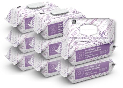 Amazon Elements Baby Wipes, Sensitive, Unscented, Cleans Gently, 810 Count, Flip-Top Packs, Pack of 9