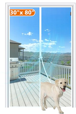 MAGZO Magnetic Screen Door Fit Door Size 30 x 80 Inch, Screen Size 32 x 81 Strong Magnet Door Mesh with Reinforced Hook & Loop for Patio, Sliding, French, White