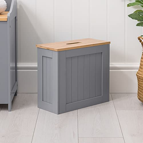 CHRISTOW Small Bathroom Storage Unit, Grey & Bamboo-Effect Toilet Roll Cabinet, Compact Slimline Wooden Bathroom Box, Multi-Purpose Cleaning Tidy Organiser, H33cm x W37cm x D17cm