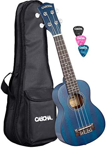CASCHA Mahagoni Sopran Ukulele Erwachsene & Kinder in Blau - inkl. 3 Plektren & gepolsterte Tasche - Mahagoniholz-Ukulele für Anfänger & Fortgeschrittene - Aquila Nylon-Saiten