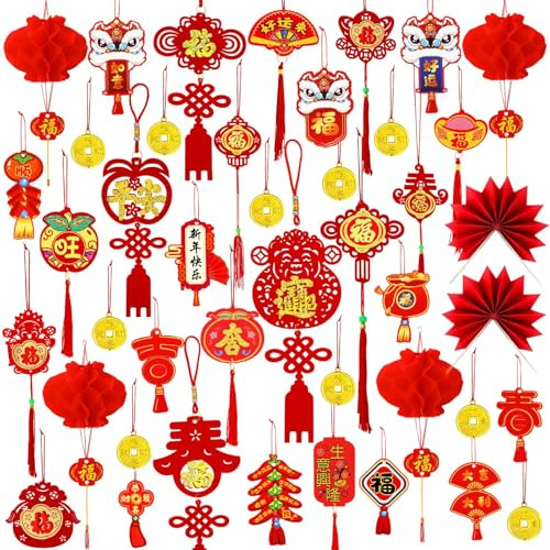 JUNEBRUSHS 43Pcs Chinese New Year Decorations 2026, Chinese Knot Pendant Red Hanging Ornaments Lunar New Year Decoration Spring Festival Pendants for Home Office Car Tree Decor