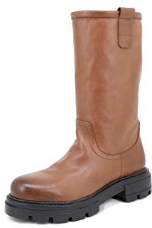QUEEN HELENA Stivali di Pelle Biker Stivaletti Senza Chiusura con Plateau Invernali Casual Donna QH22L78 (Marrone, numeric_39)