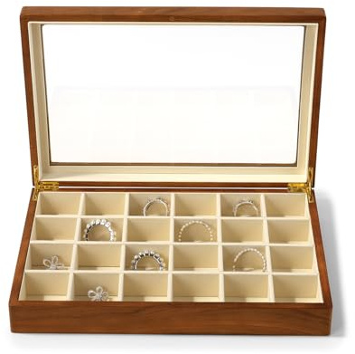 Oirlv 24 Griglie Scatole Per Gioielli In Legno Massiccio,Portagioie Per Anello Orecchini Storage Box, Portagioie Signore,Scatola Espositiva,Portaoggetti(Bianco Crema)