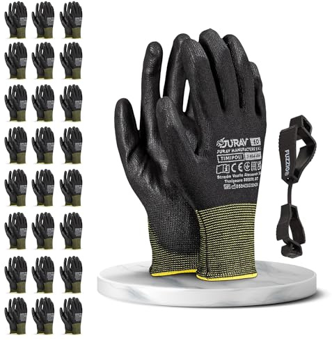 FUZZIO 24 Paar Arbeitshandschuhe Herren, Mechaniker Handschuhe, Gartenhandschuhe Herren, Arbeitshandschuhe Damen Gr 7, Montagehandschuhe, Polyurethan Beschichtung mit Handschuhclip