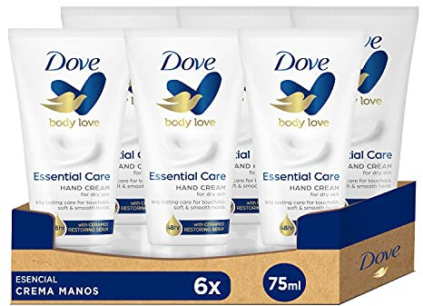Dove Crema Hidratante de manos Nutrición Esencial que hidrata y cuida la piel 75ml, Pack de 6 Unidades