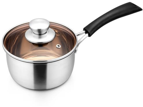 Homikit Saucepan Stainless Steel, Professional Sauce pan with Glass Lid and Heatproof Handle, Milk Pan for Home Kitchen Restaurant Cooking, Mirror Finished & Easy Clean - 16cm