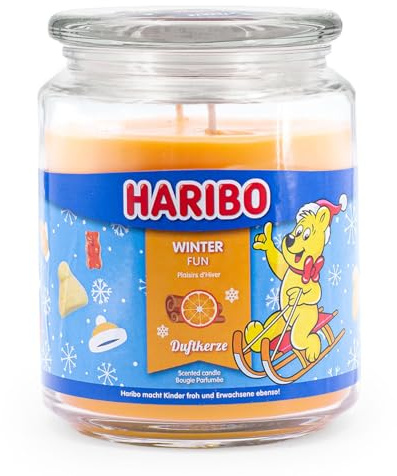 Haribo Vela Aromática en Tarro de Cristal Con Tapa, Perfumada de Invierno, Larga Duración (100 h), Amarilla, Grande (510 g)