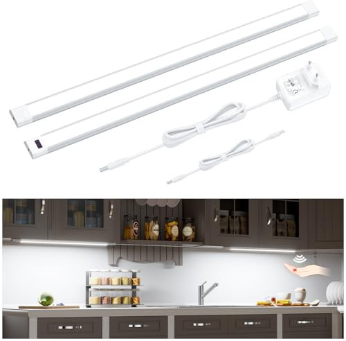 WOBANE Unterbauleuchte küche LED Dimmbar,2 x 60cm Lichtleiste mit Berührungsloser Sensor,LED küchenbeleuchtung unterbau,Kaltweiss Unterschrank Beleuchtung für Schrank,Regale,Werkbank,Kleiderschrank