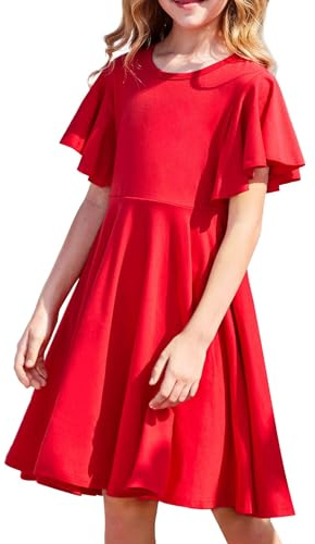 Arshiner Girls Flutter Sleeve Dress A-Line Summer Party Dress Pockets | Comfortable Cotton Blend Fit; Twirl Skirt; Round neck; Easy to style; For Birthdays, Family Gatherings,Daily; Age 6-13