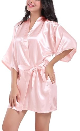 Trek Forte Ladies Short Satin Kimono Bathrobe Sexy Silk V Neck Bathrobe, pink, S