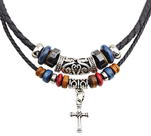 LUCKGONI Collar tribal de cuero para mujer y hombre, estilo vintage, bohemio, étnico, cuentas de madera, gargantilla para colgante de cruz