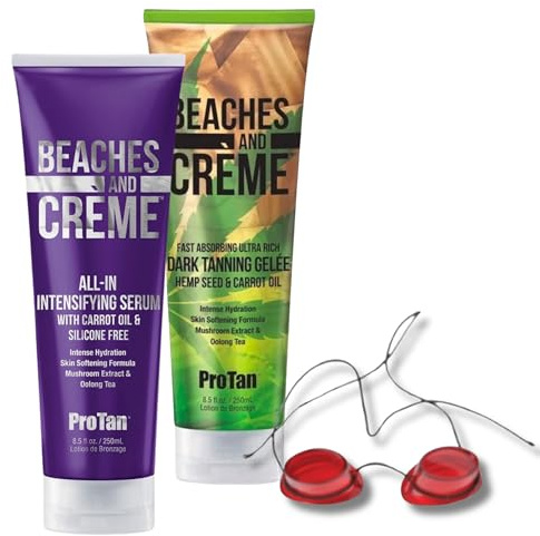 Beaches & Creme Tanning Gelee & Intensifying Serum Set 250ml -Hemp Seed & Carrot Oil Dark Tan Enhancer with Tattoo-Safe Hydration, Violet Tone Correction & UV/Spray Tan Compatible+Protective Goggles