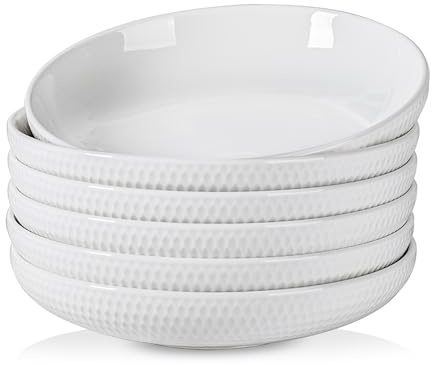 Taeochiy 8.5-Inch Pasta Bowls Set of 6-34 oz Large Wide Shallow Salad Bowls, Porcelain Deep Plates for Dinner, Blate Plates for Spaghetti & Soup, Microwave Safe, White