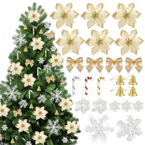 BOFUNX 120pcs Fiori di Natale Glitterati Fiori per Albero di Natale Fiori Artificiali Natale Glitter con Fiocchi Natalizi e Fiocco di Neve Ornamenti Addobbi per Decorazione Natale Capodanno