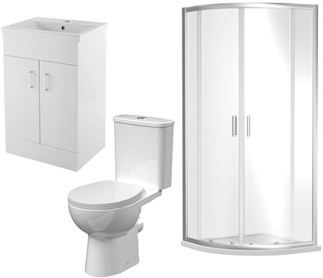 Balterley Quadrant Shower Enclosure with Shower Tray, Toilet & Vanity Unit, Bar Handle Sliding Glass Door with Quadrant Tray, Round Rimless Toilet, Seat & Cistern, 2 Door Vanity Basin Unit