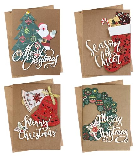 POPOYU Carte Noël,4 Pièces Noël Cartes de Vœux avec Enveloppes,4 Motifs Papier Kraft Carte de Noël,Joyeux Noël Cartes,Noël Cadeau Carte Bonne Année pour Famille Amis Collègues(F)