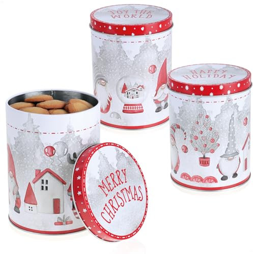 com-four® Lata de metal 3x - Caja de almacenamiento navideña con motivos festivos - Recipiente de metal para alimentos - Lata de café versátil (3 piezas - blanco/rojo/gris)