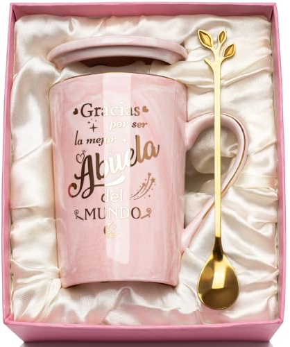 YIKILYLIFE Regalo Abuela, Regalo Abuela Cumpleaños, Regalos para Abuel-as Gracias por ser la mejor Abuel-a del MUNDO Taza Rosa Jaspeada de Rega-lo, con Cucharas, Cajas de Regalo, Tapas