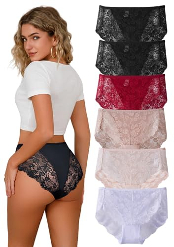 APRSEA Women Knickers Lace Underwear Stretchy Lace Trim High Waisted No Show Panty Full Coverage Comfy Granny 6 Pack S
