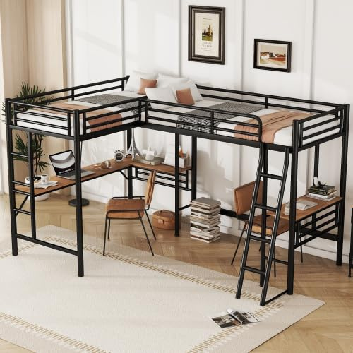 Harper & Bright Designs Twin Metal Loft Bed with Desk for 2, L-Shaped Loft Bed Frame with Ladder for Saving Spcae, Double Bed Frame, Black