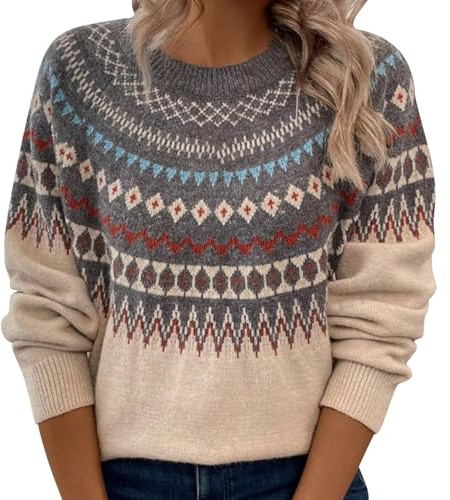 Pull Norvégien Femme d'hiver Chaud Chic Pullover Tricoté Col Rond Manche Longue Sweatshirts Motif Jacquard Hauts Grande Taille Casual Basique Vetement Femme Automne-Hiver