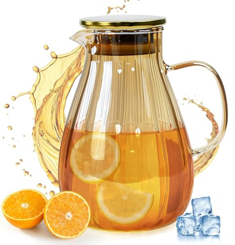 Fuhesgu Carafe en Verre 1,8 L Pichet en Verre avec Couvercle et Poignée Pichet en Verres Résistant à la Chaleur avec Bec Verseur Carafe pour Thé Glacé, Eau Chaude et Froide, Jus, Limonade, Café, Lait