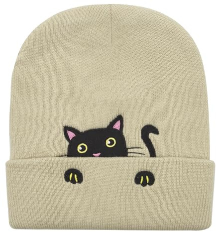 YAMEIZE Katt mössa stickade mössor för kvinnor – herr kattmössa katt vinter skalle mössa varm utomhus, Beige, one size
