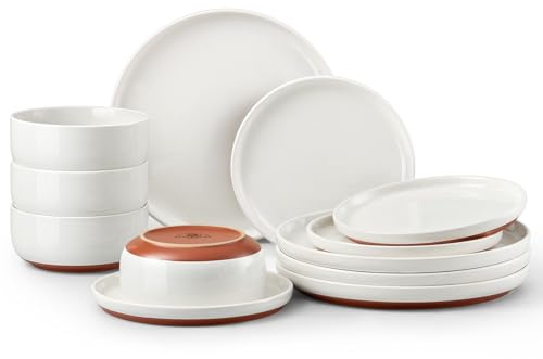 Homikit 12-Piece Dinner Stoneware Set, Speckled Plates and Bowls Dishware with Rustic Terracotta Underside, Reactive Glaze & Scratch Resistant, Microwave and Dishwasher Safe - Creamy White