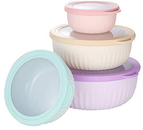 Set of 4 Plastic Bowl with Lids Food Storage Container with Lids Plastic Cook Storage Mixing Bowl Set Nesting Airtight Meal Prep Food Container Round Set for Fridge Freezer Microwave Dishwasher Safe