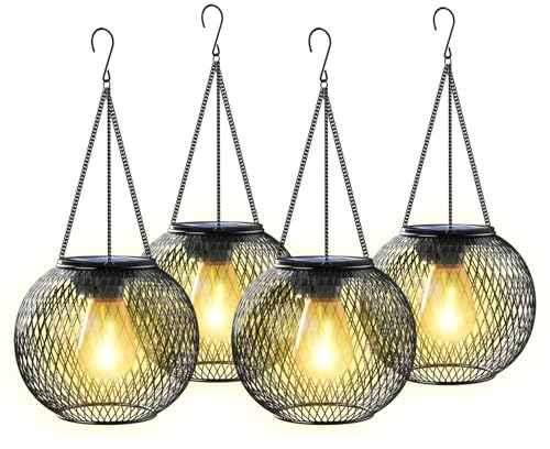 KagoLing Lampade solari da appendere per esterni, 4 pezzi, lanterna solare in metallo con lampadina retrò a filamento di tungsteno, IP65, decorazione da giardino, resistente alle intemperie, luci